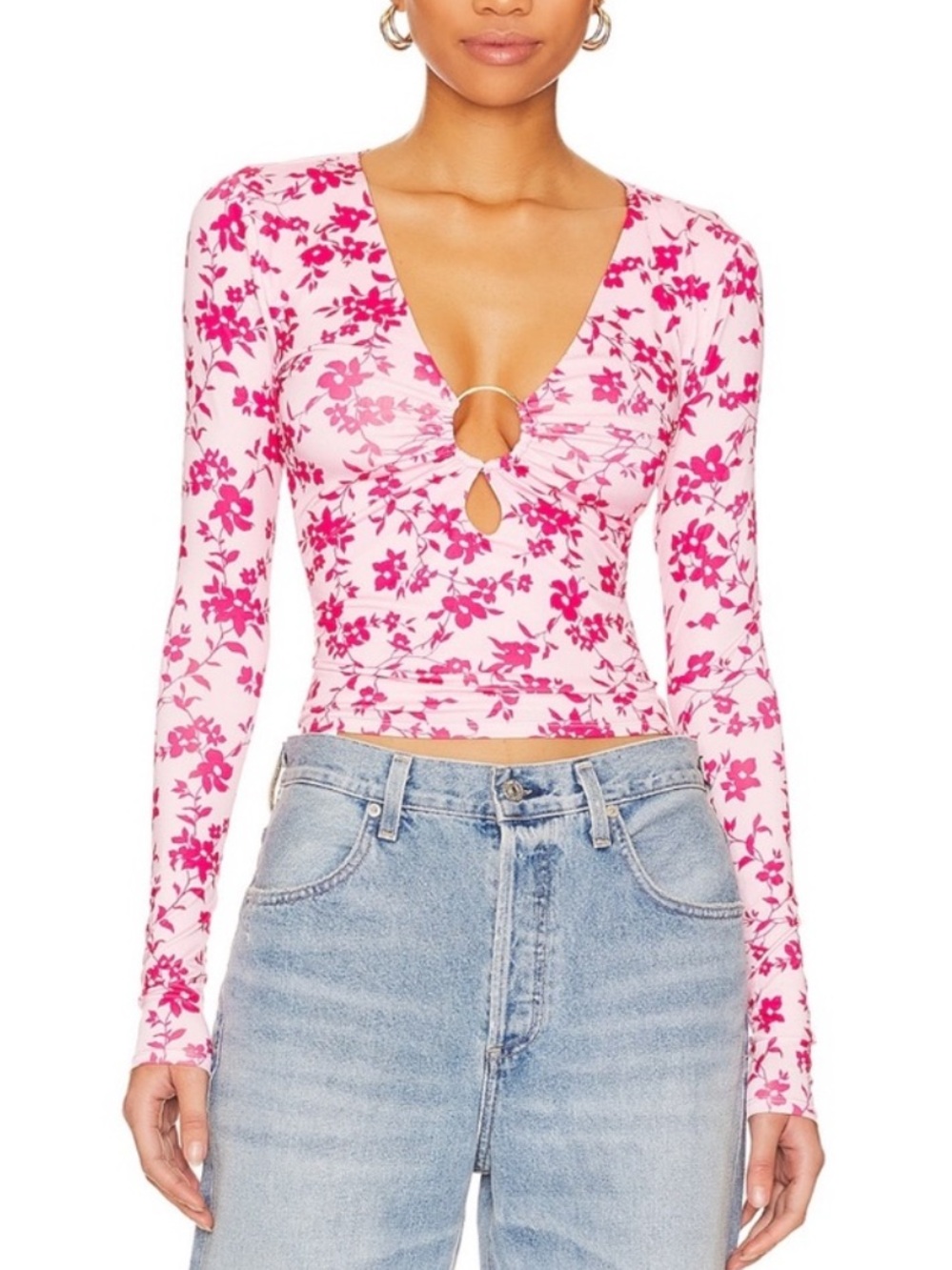 Lovers + Friends Marais Fiona Floral Pink Floral Ring-Front Long Sleeve Top